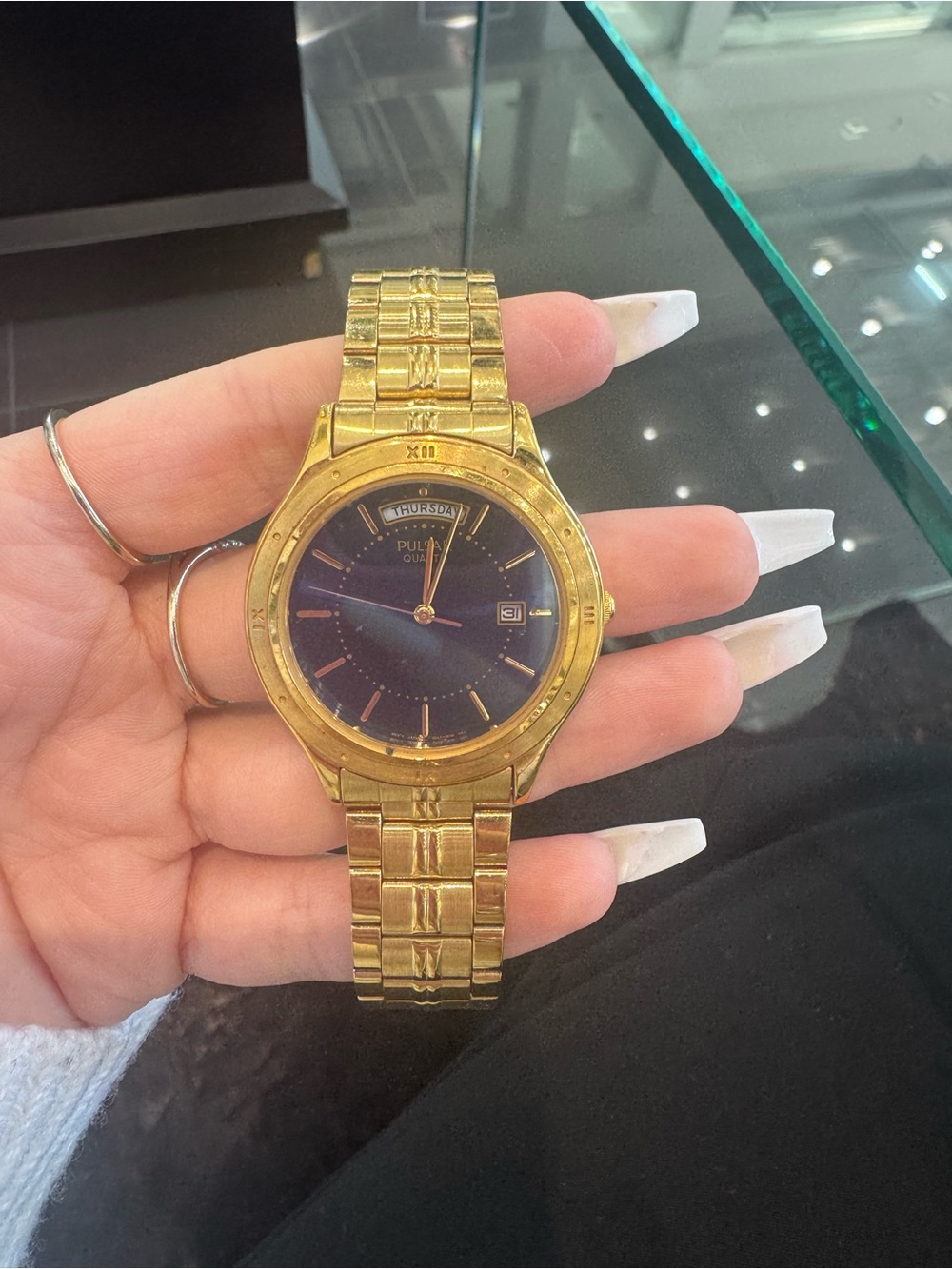 Vintage Pulsar Quartz Day-Date All Gold-Tone Men's Dress Wristwatch